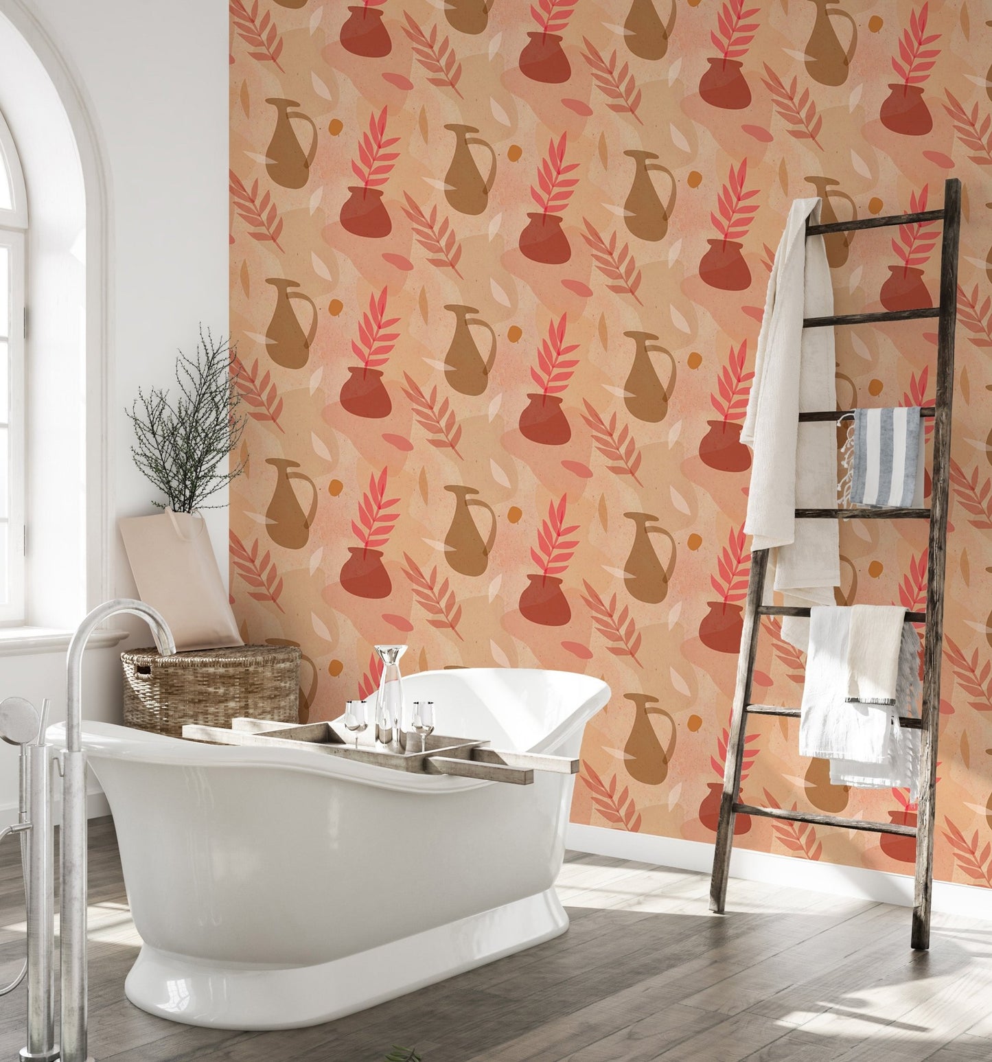 Bathroom interior with a floral vase wallpaper design in peach and terracotta.