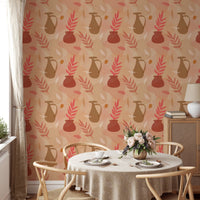 Dining room wallpaper with terracotta vases and pink leaf patterns.