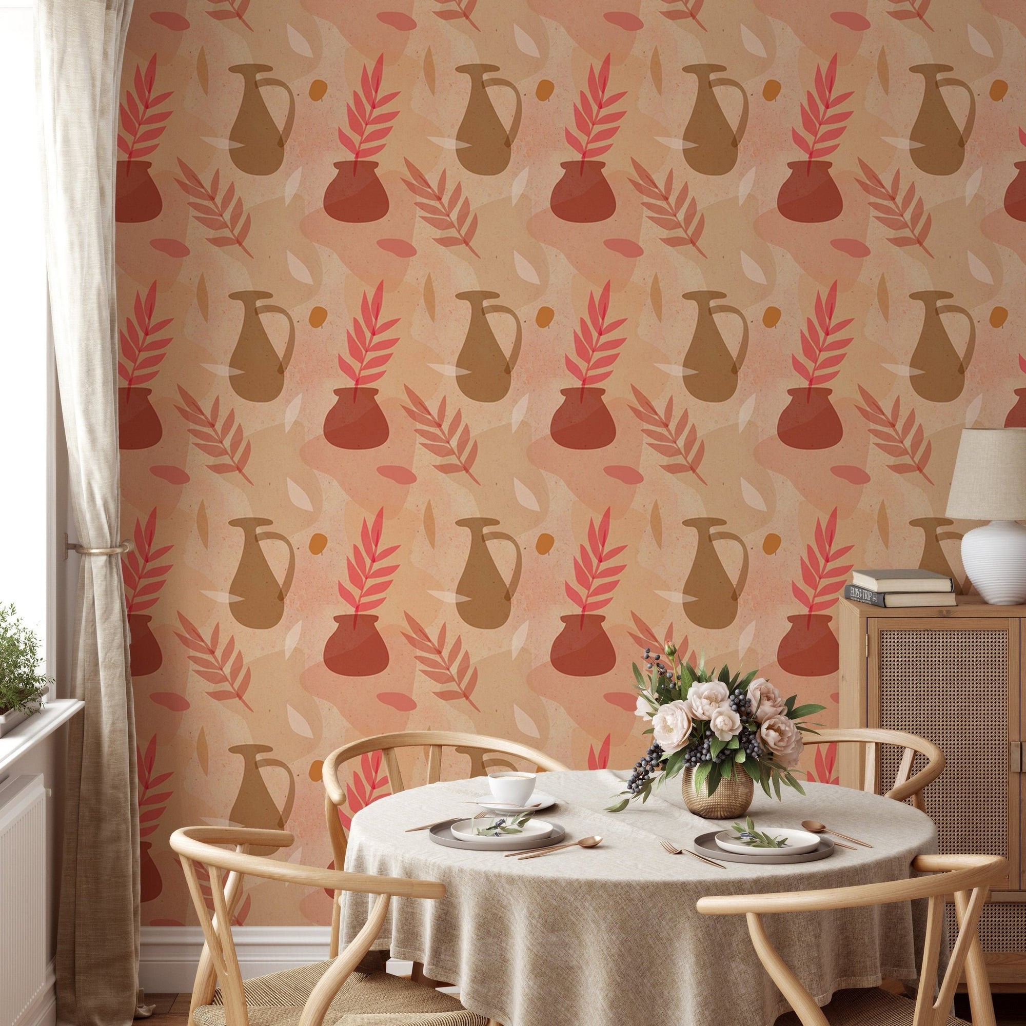 Dining room wallpaper with terracotta vases and pink leaf patterns.
