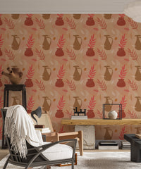 Sunlit room with terracotta pot and botanical leaves print wallpaper