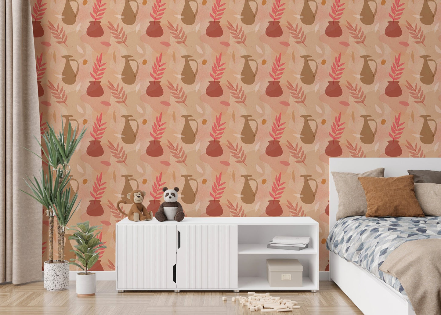 Modern bedroom wall decor with pastel clay pot and leaves wallpaper.