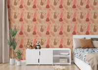 Modern bedroom wall decor with pastel clay pot and leaves wallpaper.