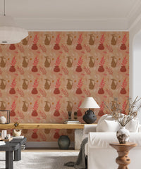 Living room console table set against a vintage vase pattern wallpaper.