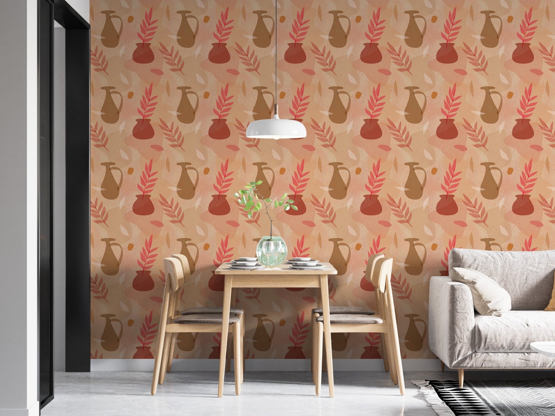 Open plan dining space with a large peach vase pattern wallpaper.