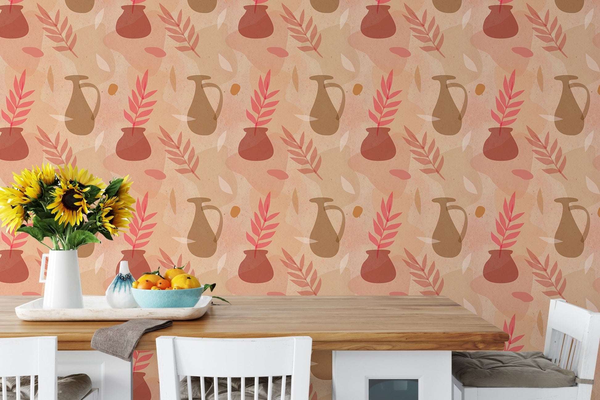 Breakfast bar area featuring terracotta pitcher and leaves wallpaper.