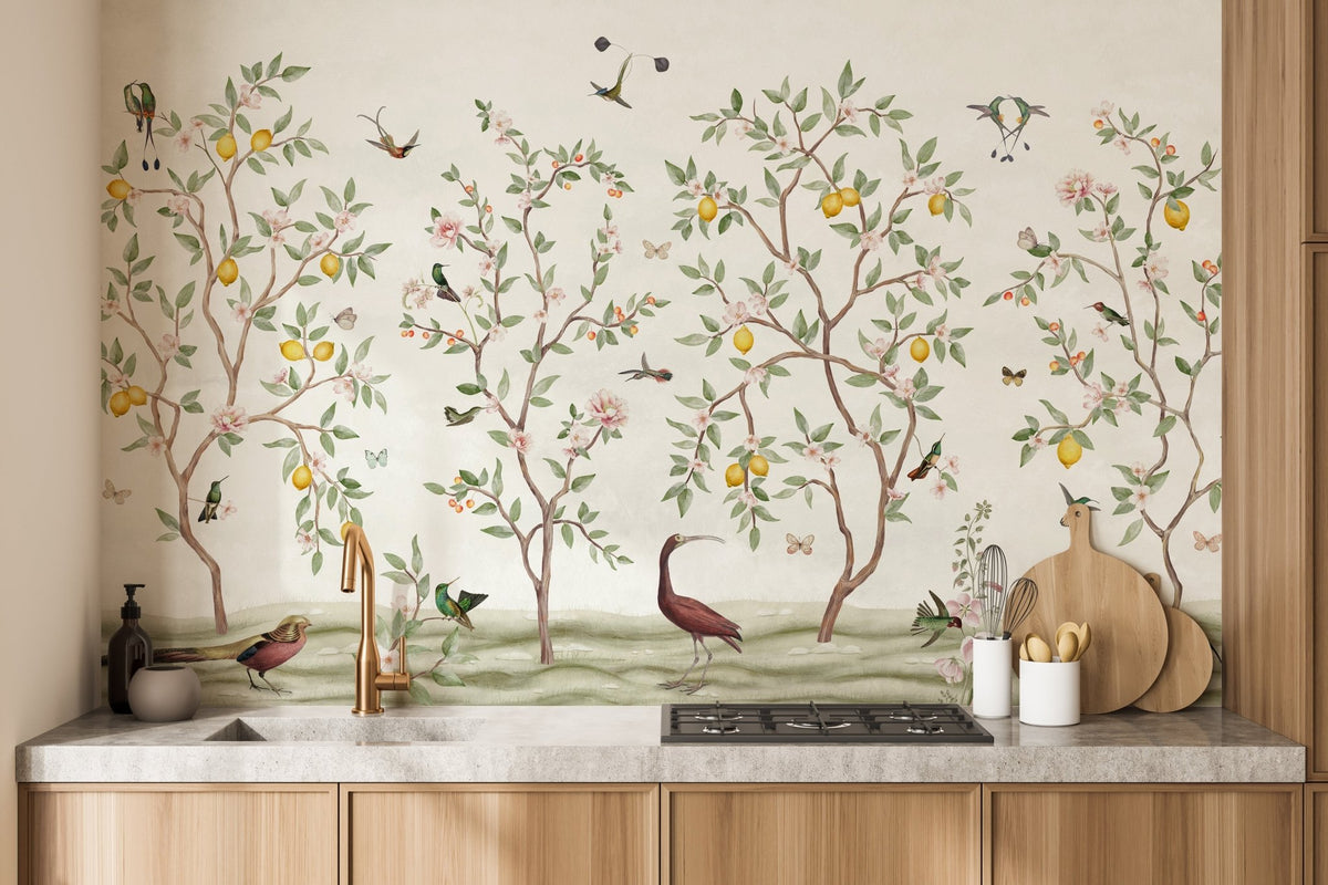 Classic Chinoiserie mural with vibrant lemon trees for kitchen interior.
