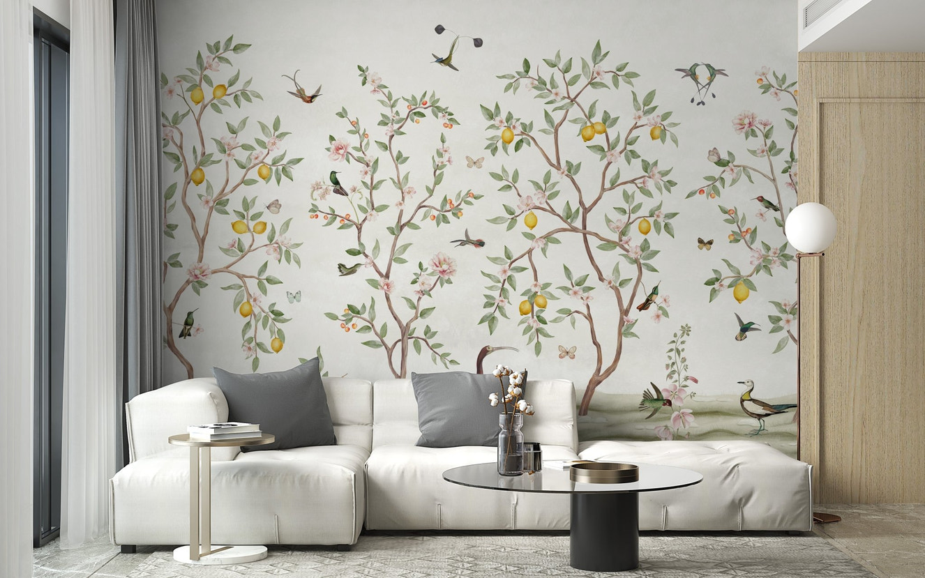 Lemon tree design for refined Chinoiserie living room interiors.
