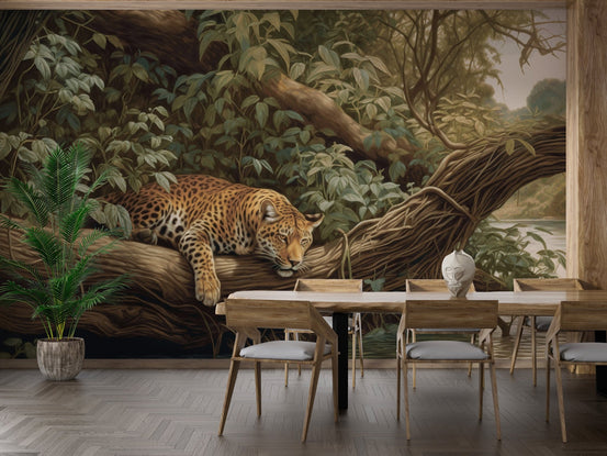 Artistic leopard wall mural with soft lighting and detailed tree bark textures.