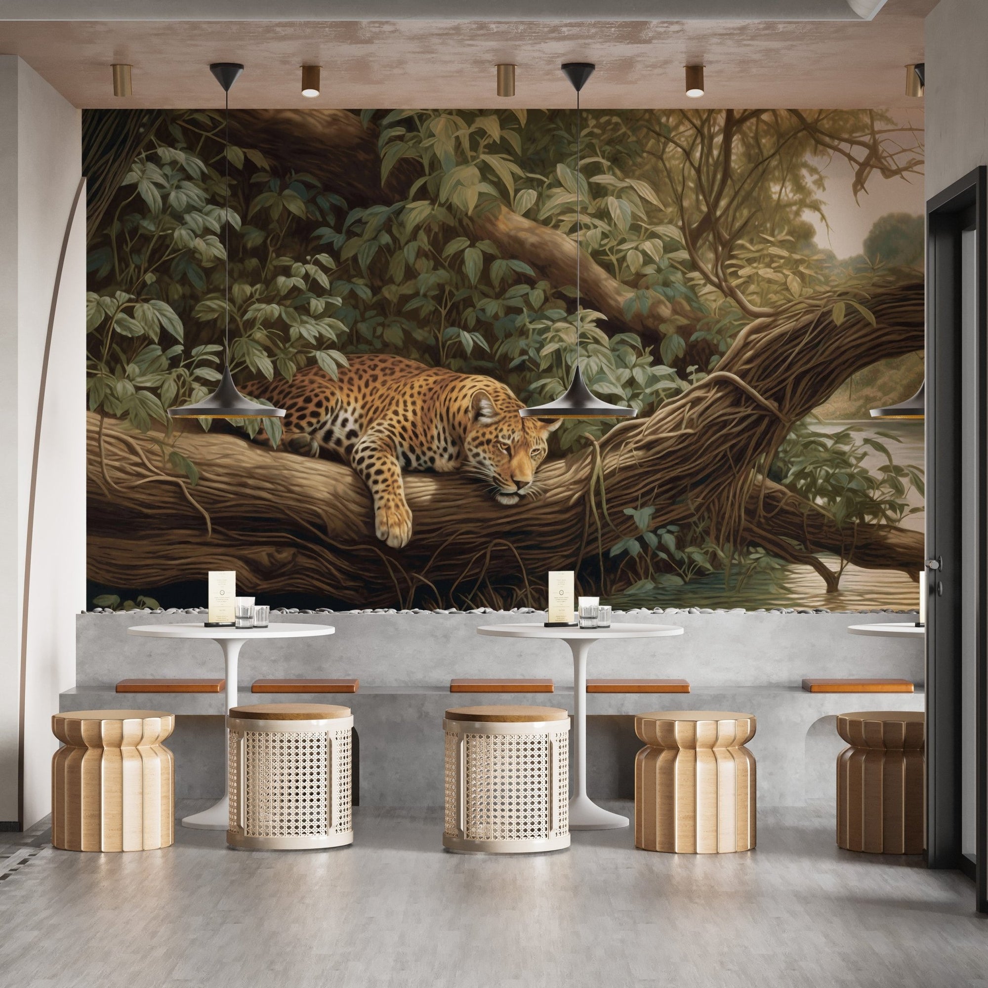 Leopard jungle landscape wall mural featuring a resting leopard on a tree branch.