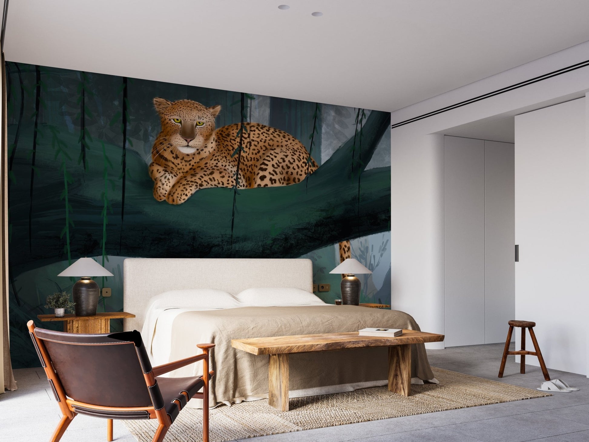 Green rainforest wall mural with detailed leopard illustration.