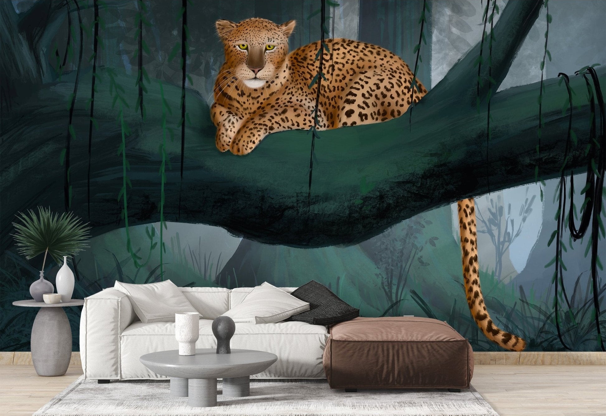 Leopard repose jungle wallpaper mural with resting leopard on green tree. branch
