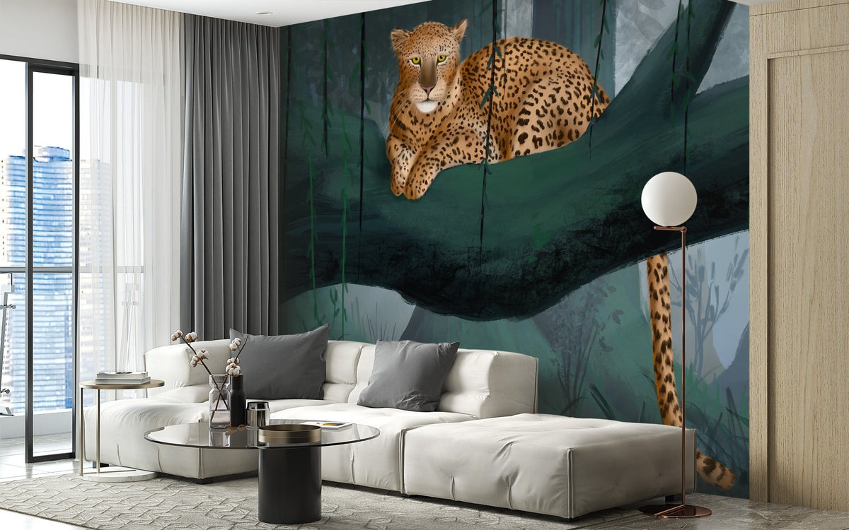 Artistic jungle wallpaper mural with leopard and hanging vines.