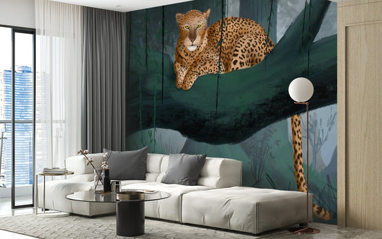 Artistic jungle wallpaper mural with leopard and hanging vines.