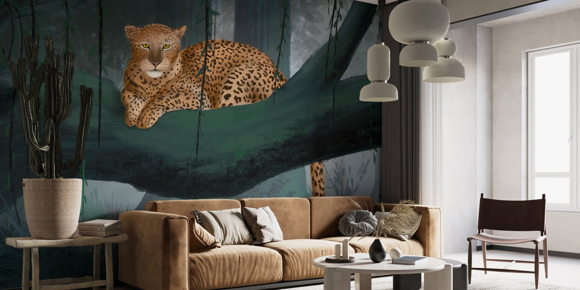 Wildlife wall mural with golden leopard and dark green leaves.