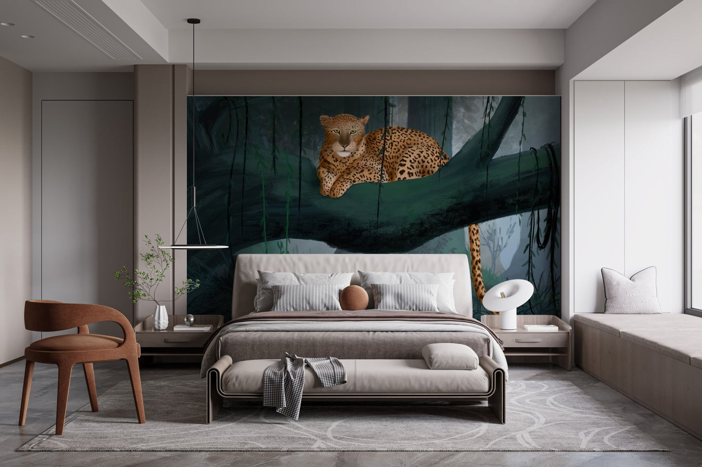 Botanical jungle wallpaper mural with wildlife and moody forest hues.