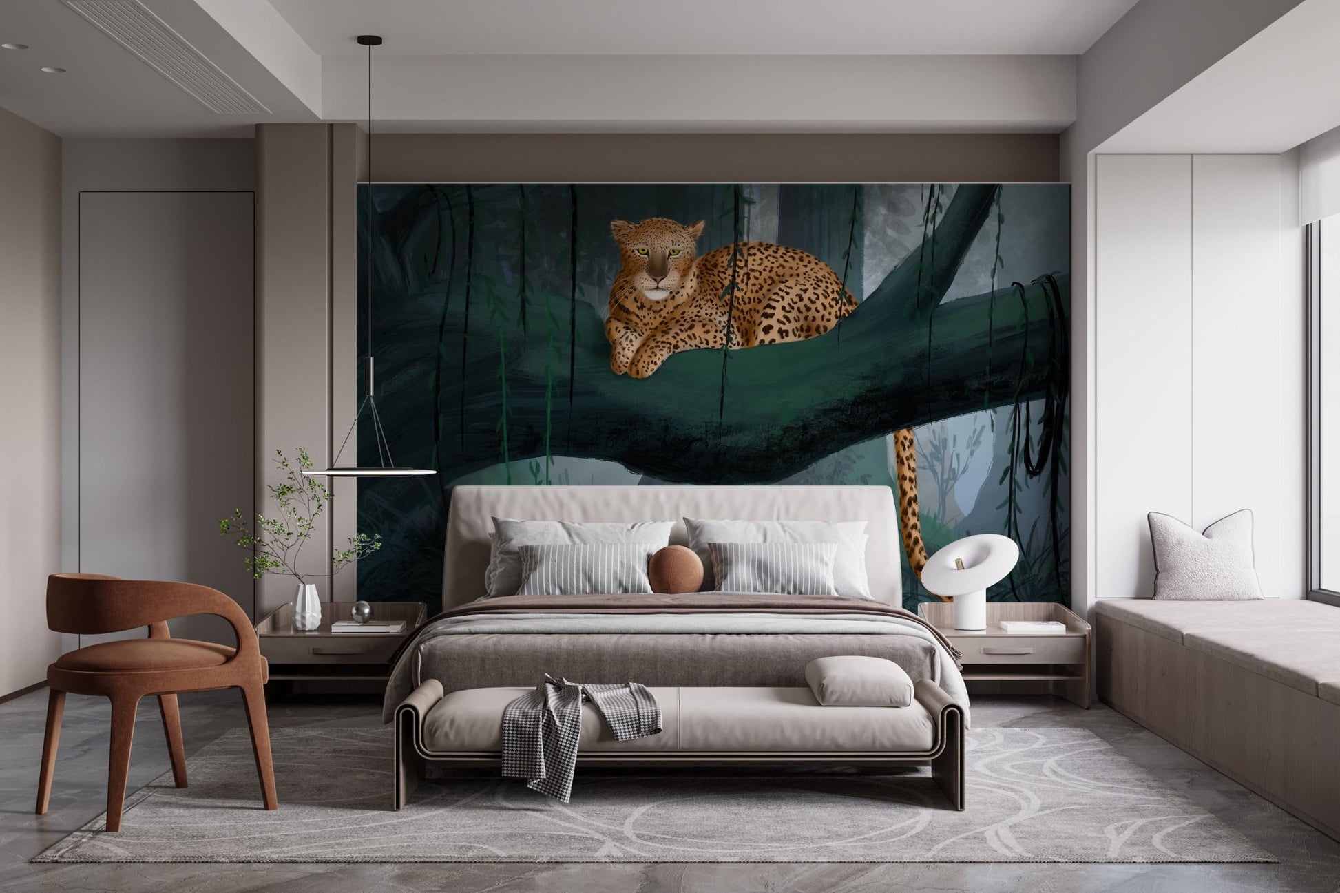 Botanical jungle wallpaper mural with wildlife and moody forest hues.