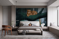 Botanical jungle wallpaper mural with wildlife and moody forest hues.
