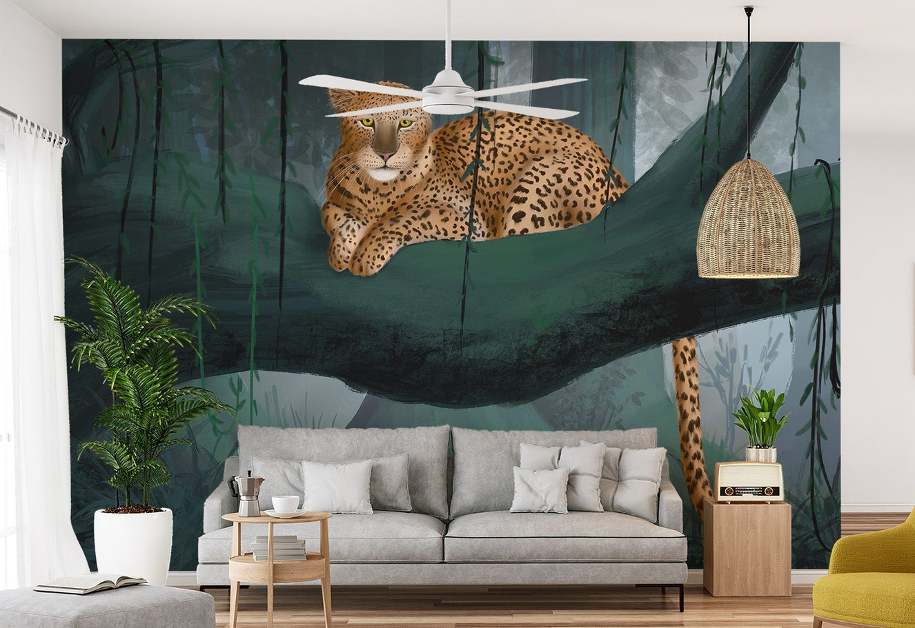 Tropical jungle wallpaper with leopard resting on wide tree limb.
