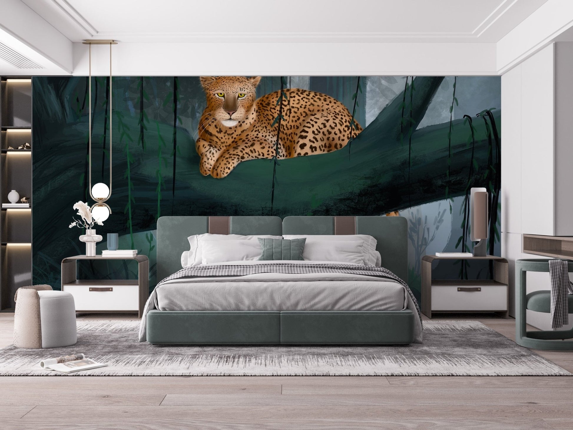 Forest theme wall mural featuring relaxed leopard in emerald tones.
