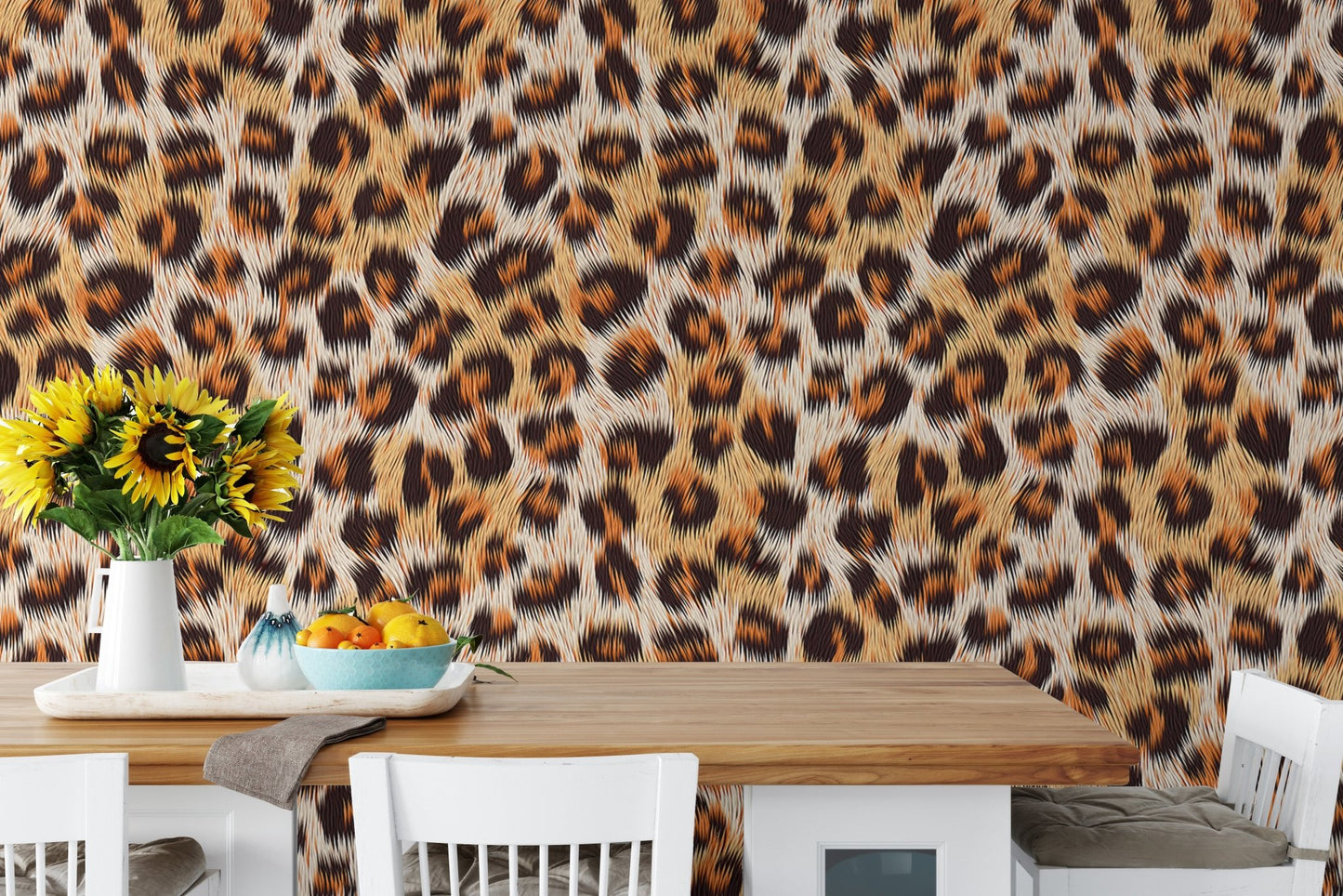 Bold wallpaper featuring leopard print vector pattern in dining room.