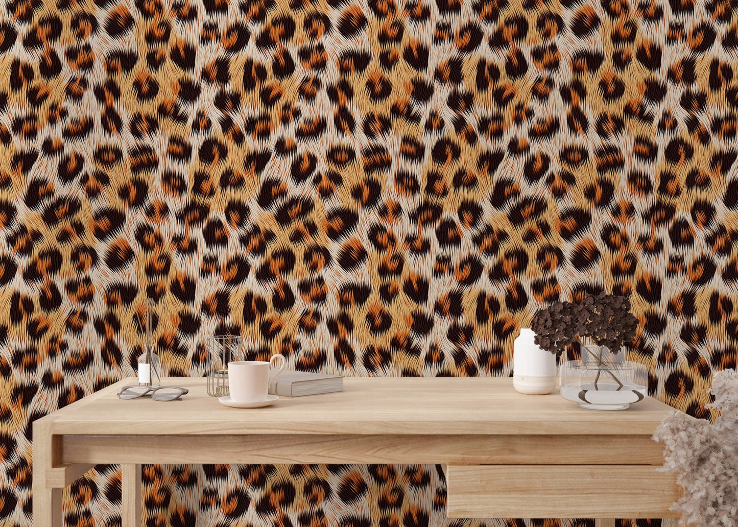 Animal print wallpaper featuring leopard pattern style in study area.