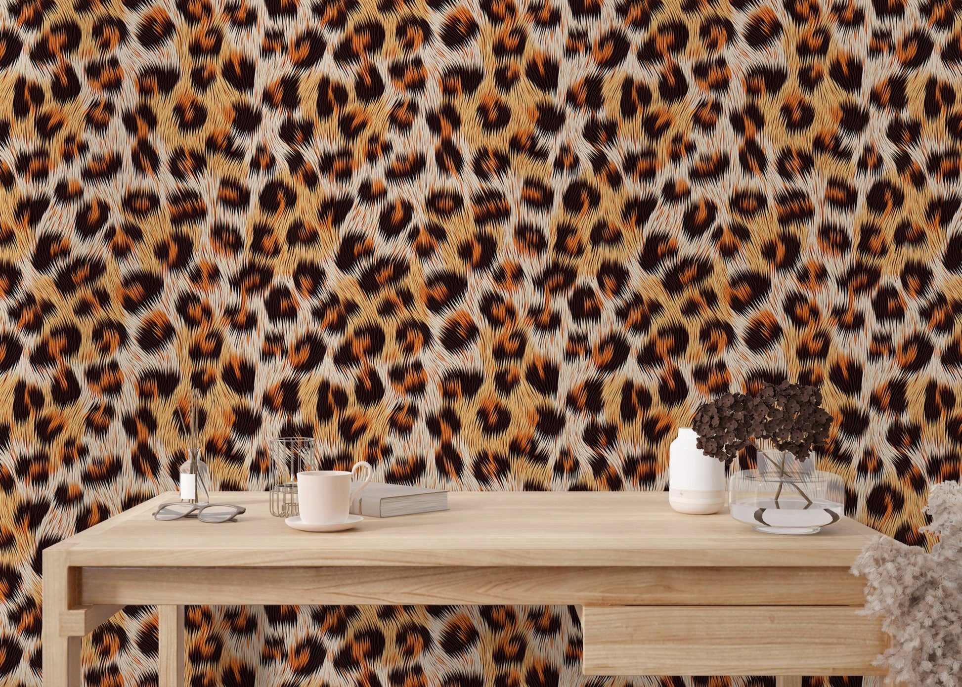 Animal print wallpaper featuring leopard pattern style in study area.