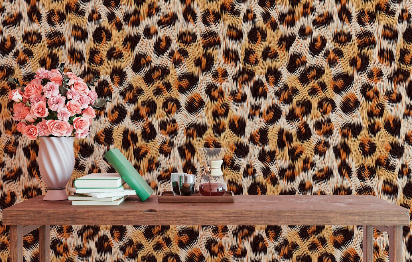 Textured animal print wallpaper above a dark study desk with pink flowers.