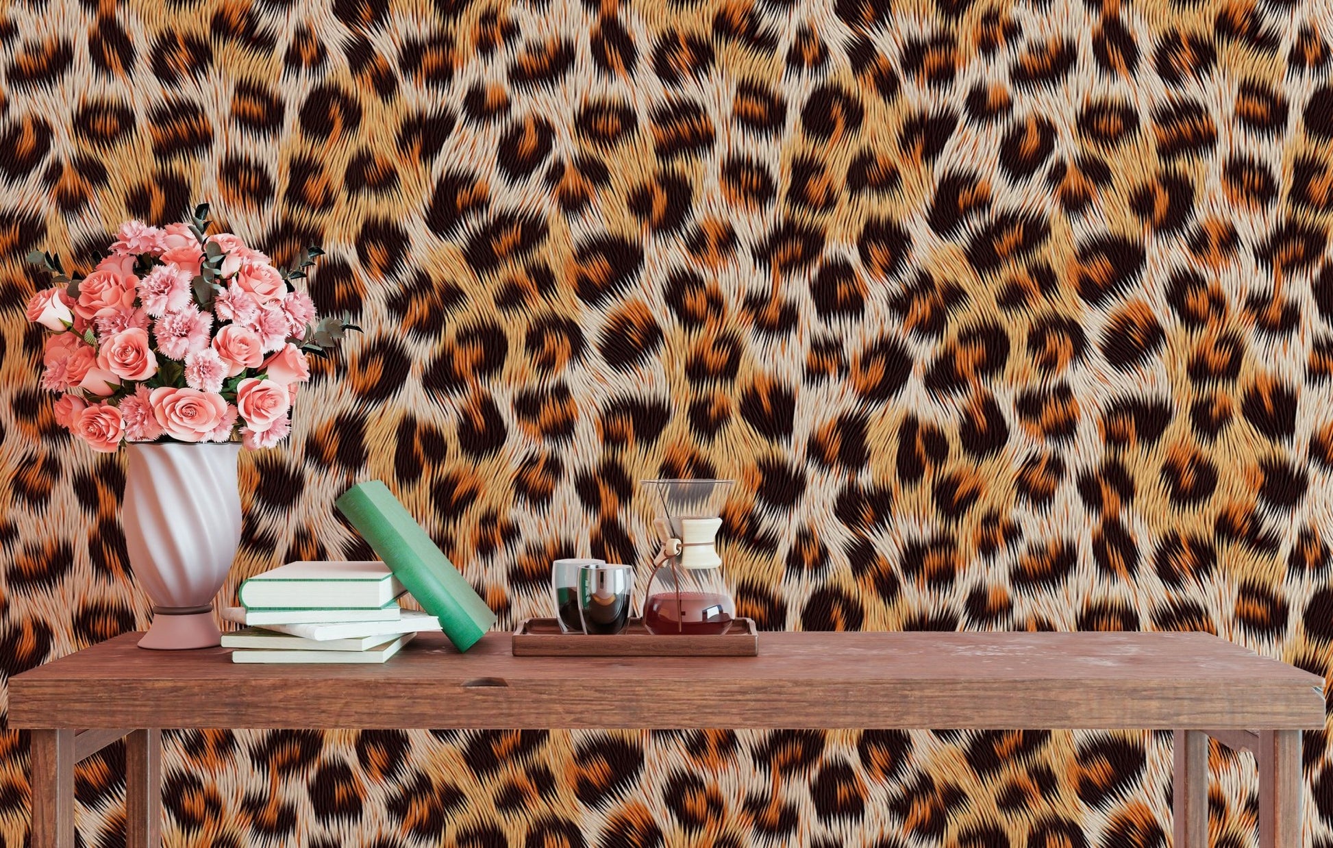 Textured animal print wallpaper above a dark study desk with pink flowers.