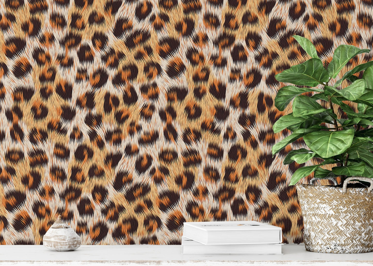 Stylish leopard skin print wallpaper with seamless design in study space.