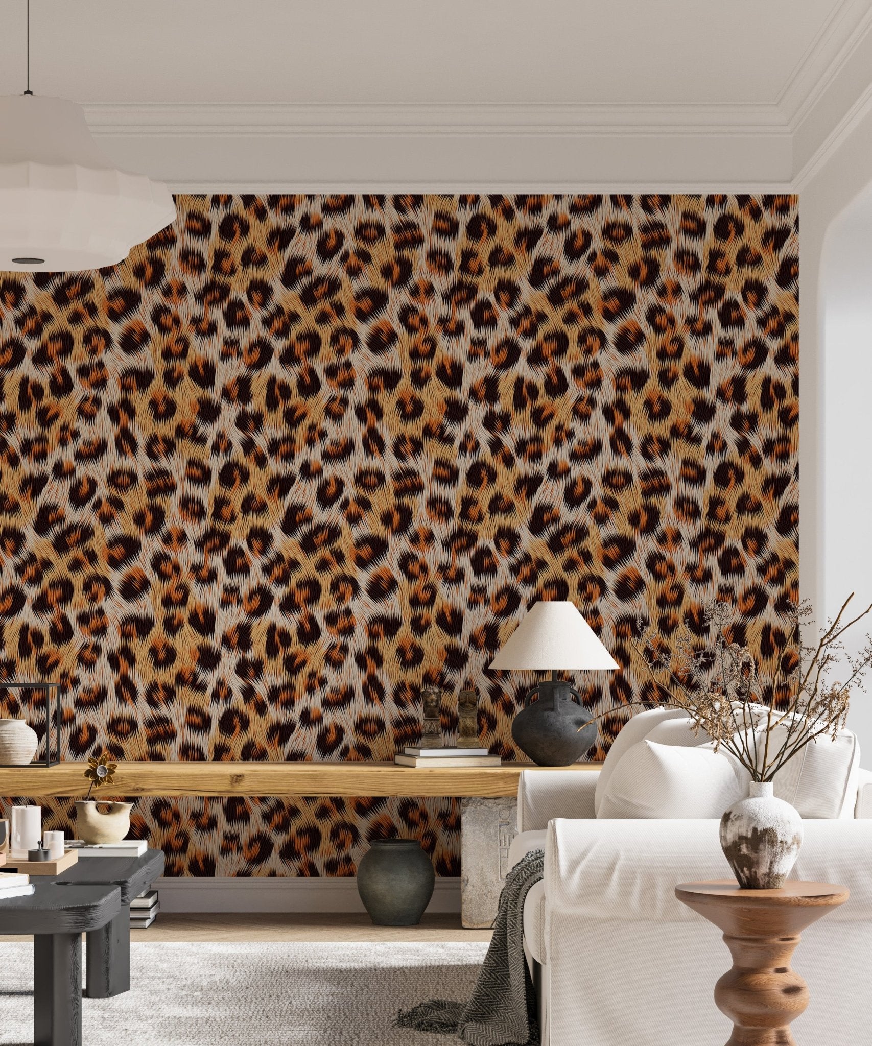 Elegant vector wallpaper with leopard skin pattern in bright living room.