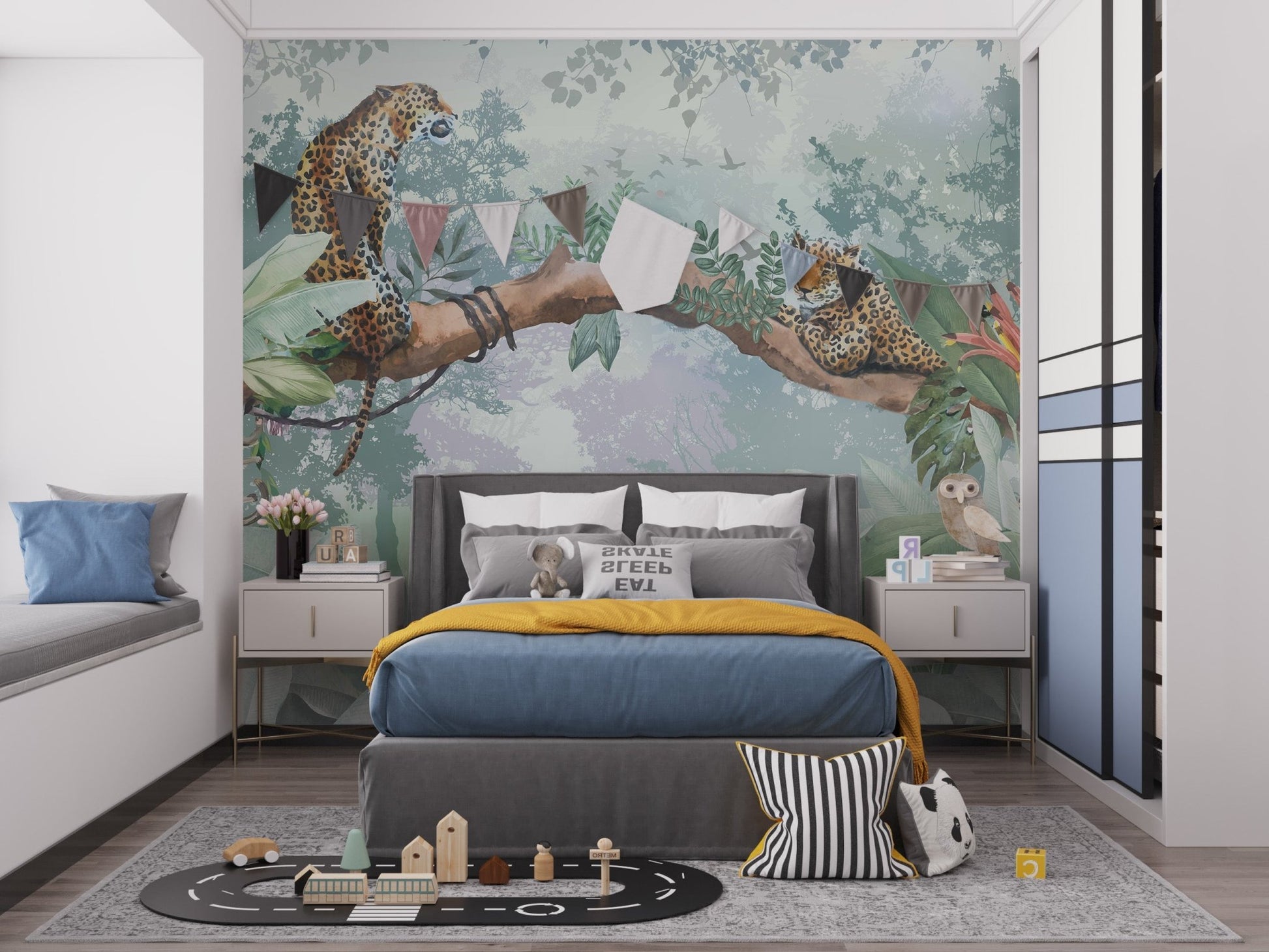 Teen bedroom with Leopard Wall Mural on the back wall.