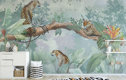 Nursery wall with Leopard Wall Mural in sage green tone.