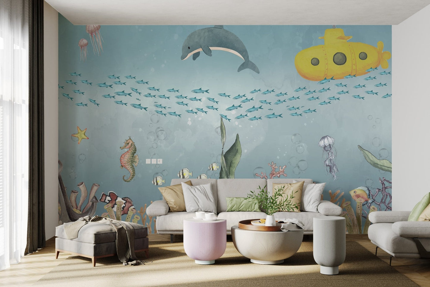 Marine life mural with a submarine, coral reefs in bright living room.