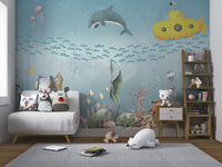 Seahorse and anchor nautical theme wall mural in playroom.