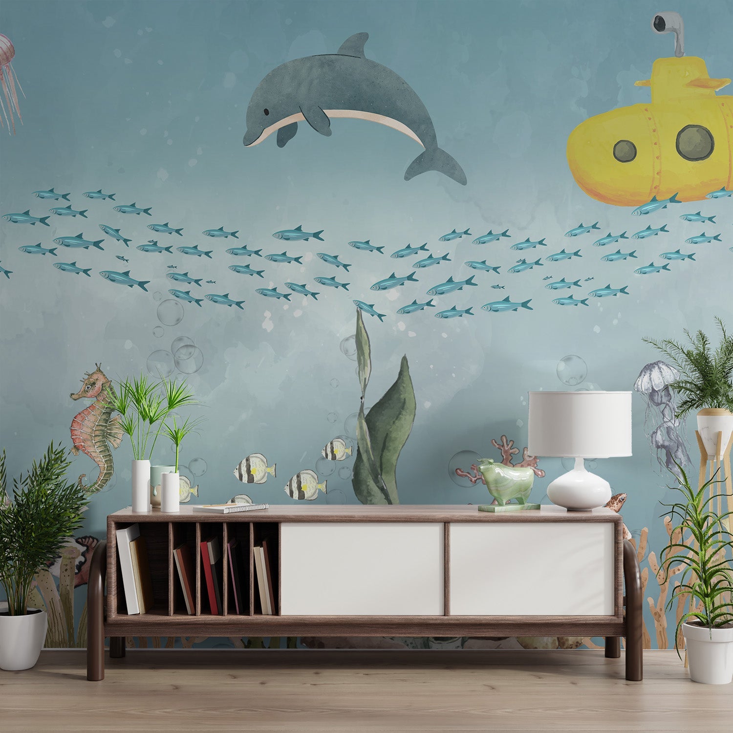 Whimsical ocean wall mural with sea creatures and playful dolphins.