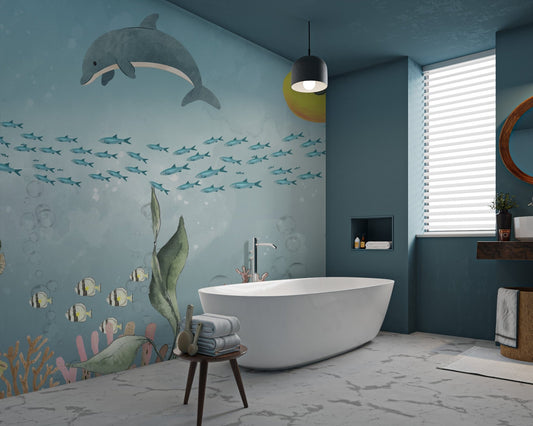 Sea turtle and coral reef illustration on blue background wall mural.