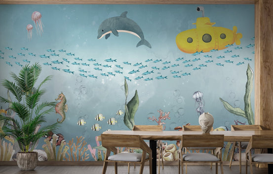 Watercolor dolphin and school of blue fish wall mural for dining room.
