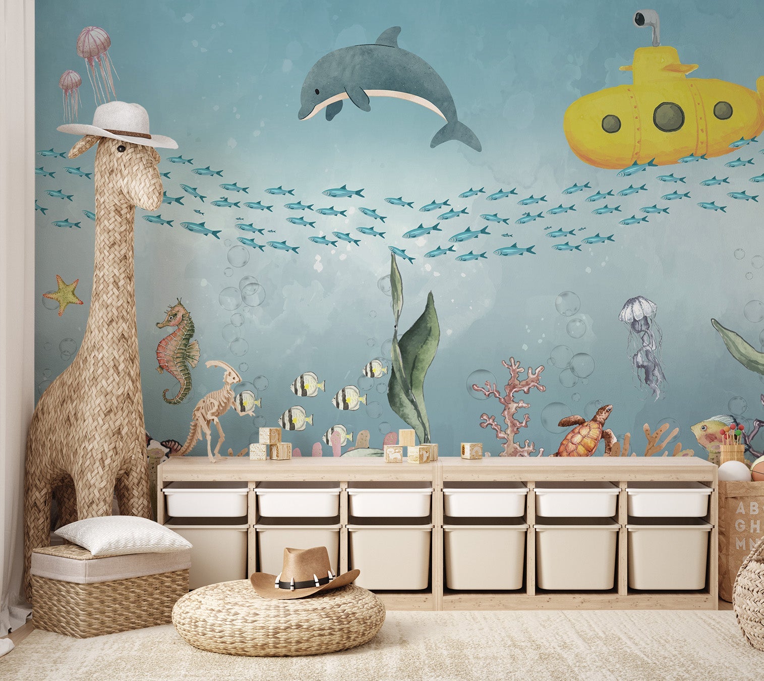 Bright ocean mural with schools of fish, turtles, corals and a yellow submarine.
