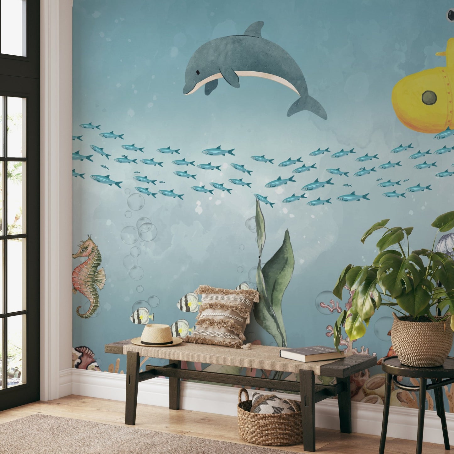 Starfish and nautical anchor on seabed mural wall mural in entryway.