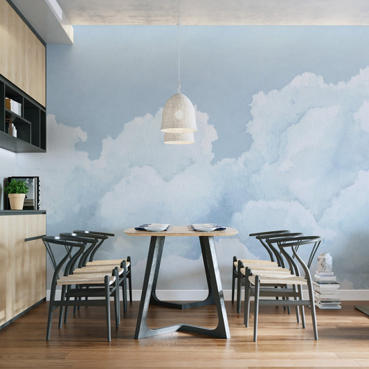 Watercolor cloud wall mural in gentle blue color for modern wall decor.