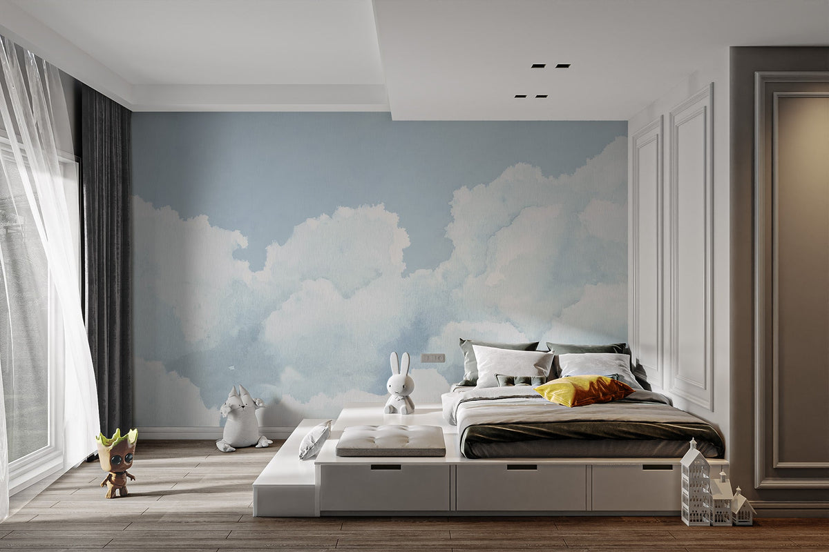 Contemporary cloudy wall mural with light blue sky effect and smooth texture.