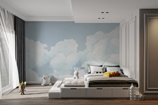 Contemporary cloudy wall mural with light blue sky effect and smooth texture.