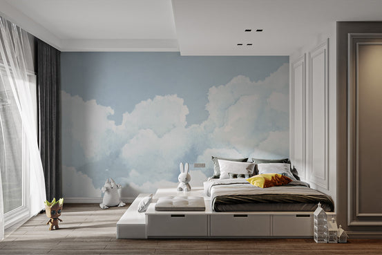 Contemporary cloudy wall mural with light blue sky effect and smooth texture.