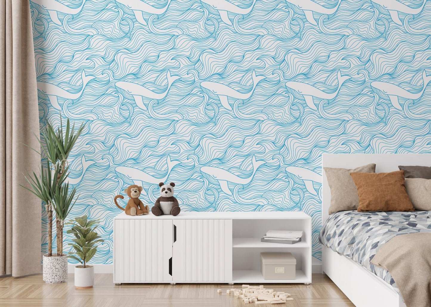 Light Blue Pattern Stormy Waves and Whales Wallpaper in a kids bedroom with white bed.