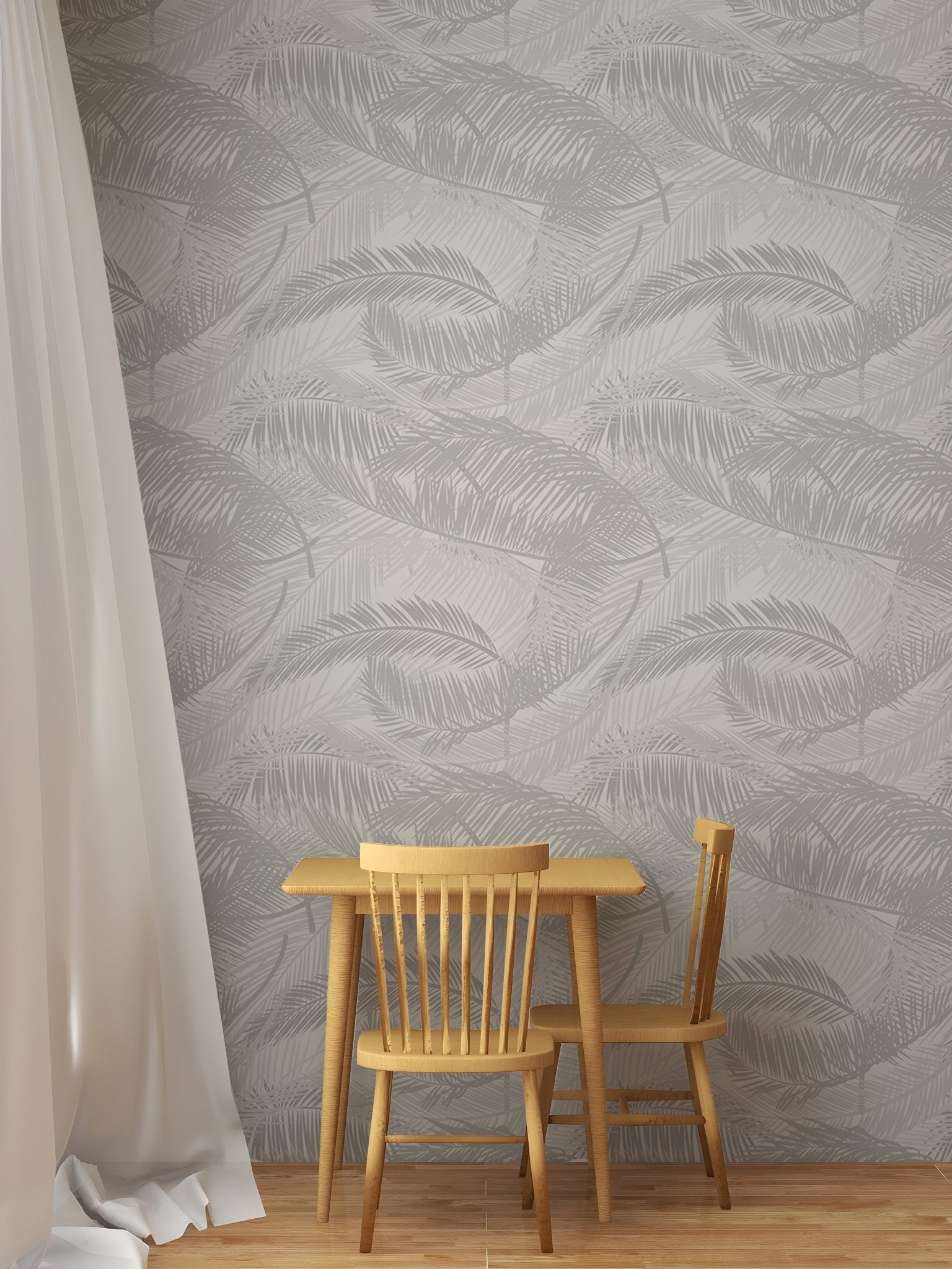 Minimalist dining space with wooden table and gray palm leaf wallpaper.
