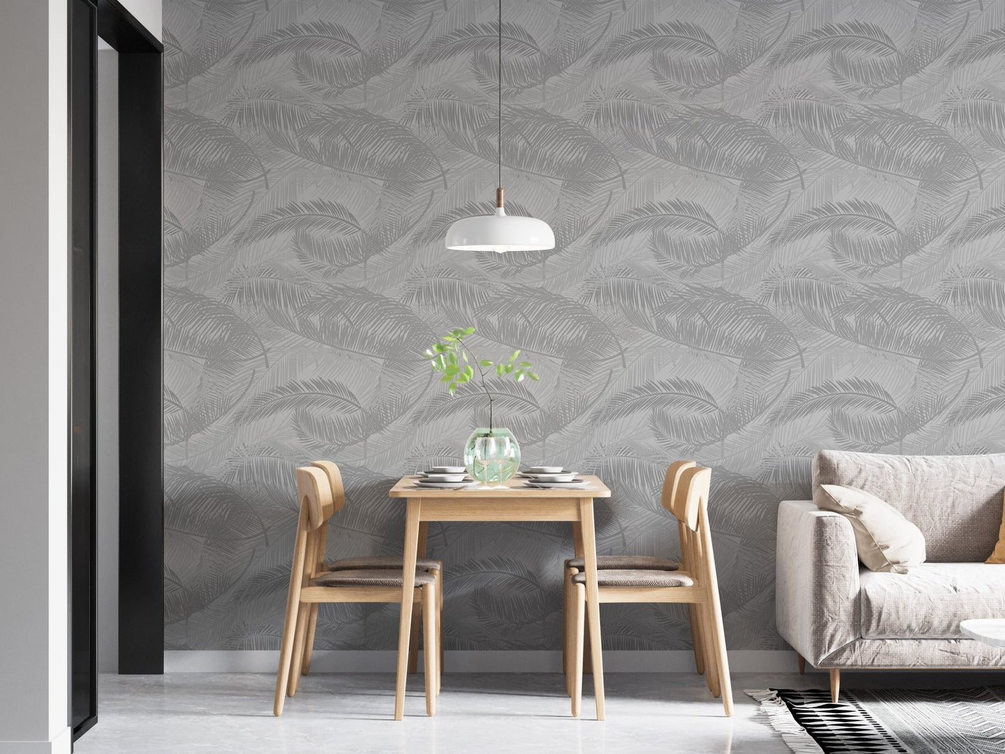 Light Gray Palm Leaves Silhouette White Wallpaper in a modern dining room area.