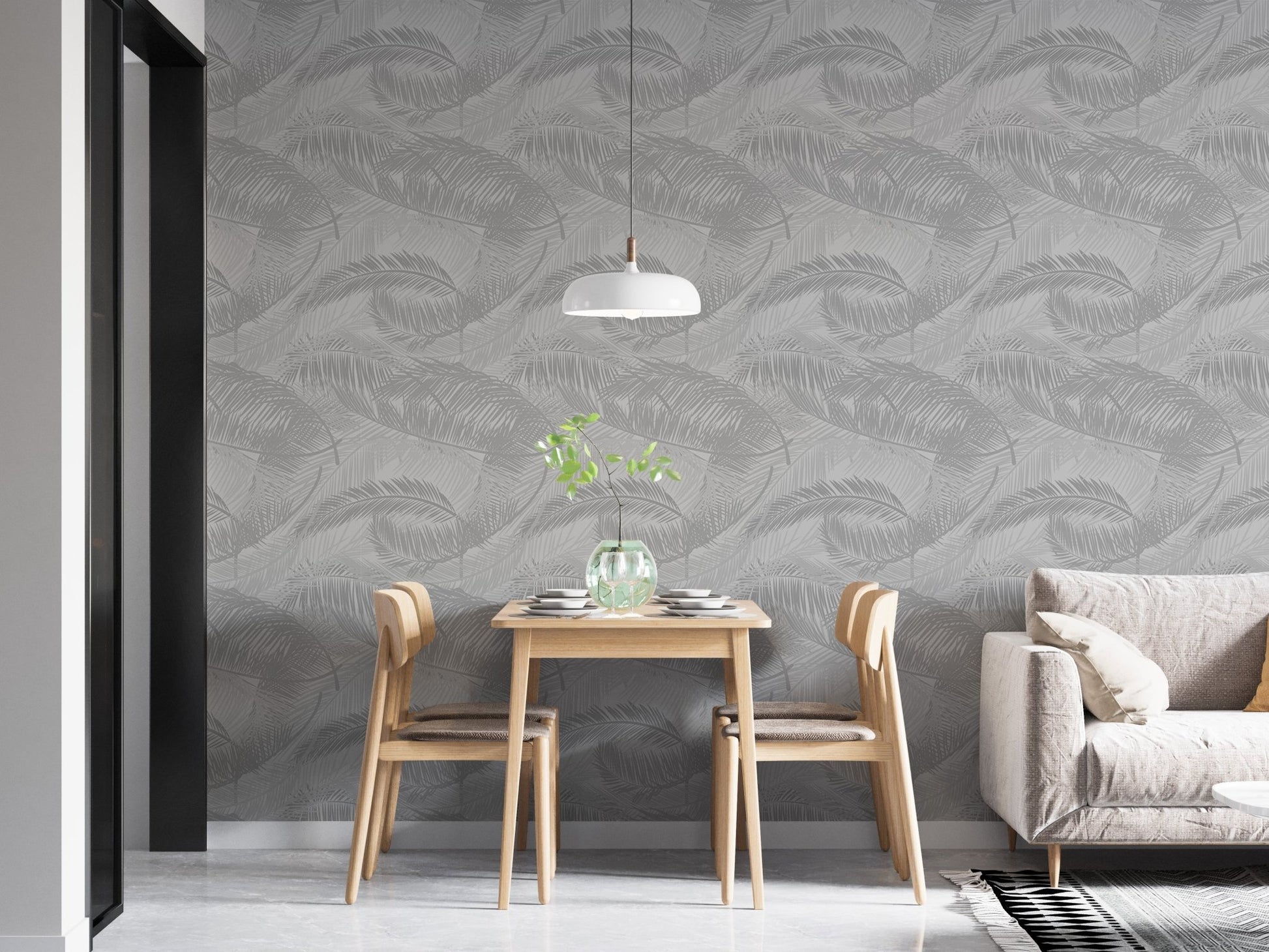 Light Gray Palm Leaves Silhouette White Wallpaper in a modern dining room area.