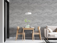 Light Gray Palm Leaves Silhouette White Wallpaper in a modern dining room area.