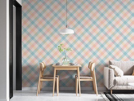 Dining area with Light Pastel Vichy Graphic Geometric Stripe Wallpaper and wooden table.