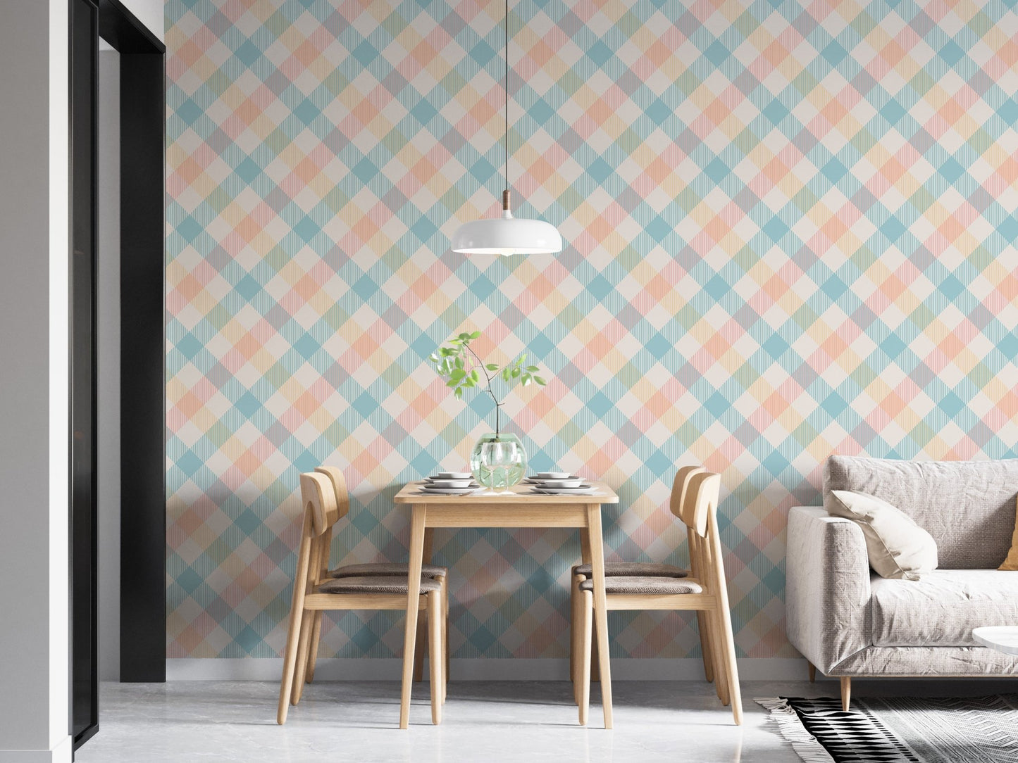 Dining area with Light Pastel Vichy Graphic Geometric Stripe Wallpaper and wooden table.